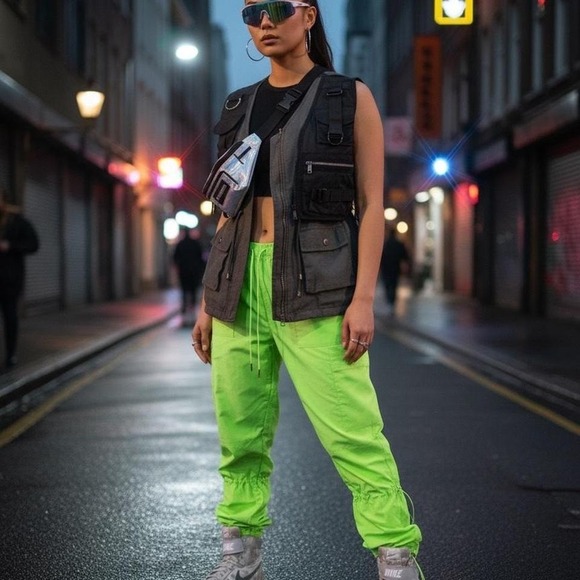 NEON BRAT Parachute Pants M DISCIPBUSH Y2K Baggy Cargos Dopamine lime green NWT - Picture 2 of 6